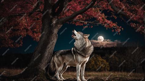 Enchanting Scene Wolf Howling Beneath a Colorful Full Moon and Tree ...