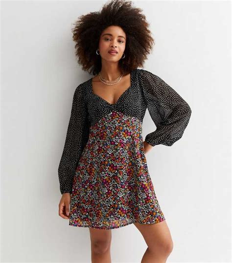 Black Spot Floral Chiffon Mini Dress | New Look
