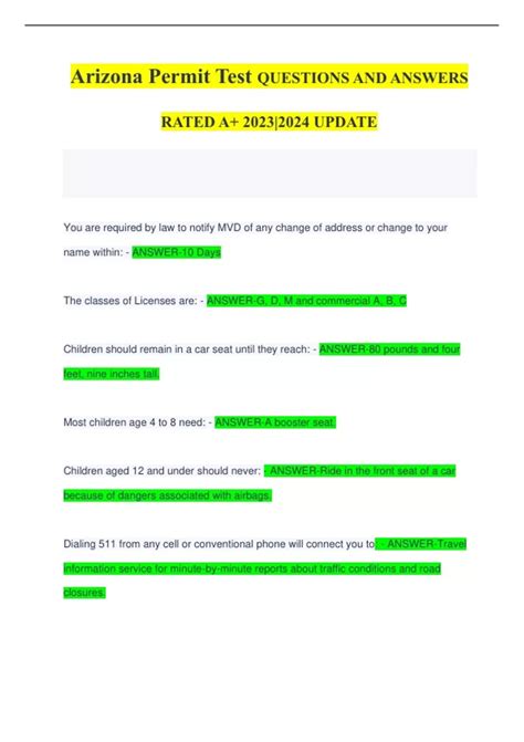 Arizona Permit Test QUESTIONS AND ANSWERS RATED A+ 2023|2024 UPDATE ...
