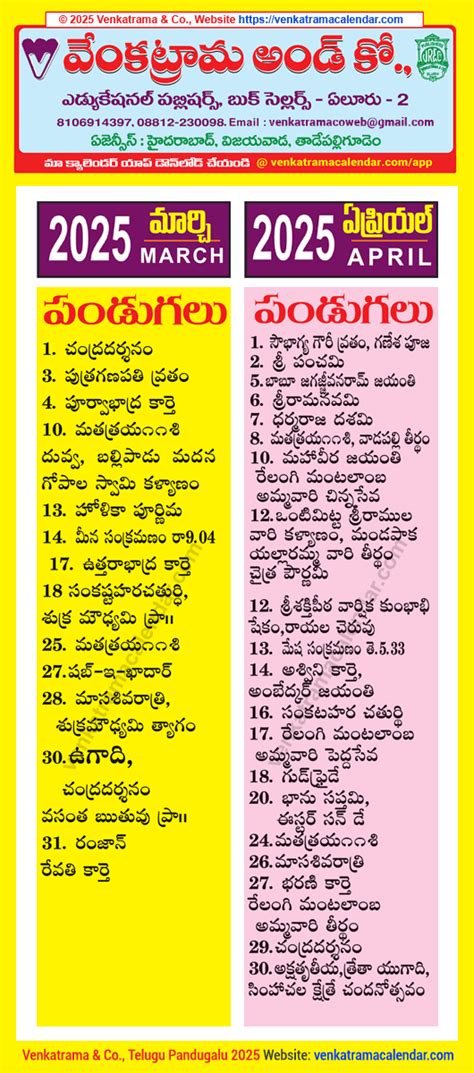Telugu Festivals 2025 March April - Venkatrama Telugu Calendar 2025 ...