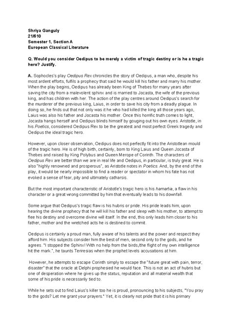 Is Oedipus a tragic hero or merely a victim of tragic destiny? - Shriya ...