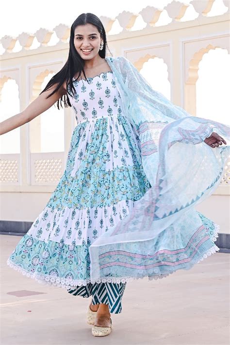 Baadal Printed Blue-White Spaghetti Flared Kurta – EverBloom