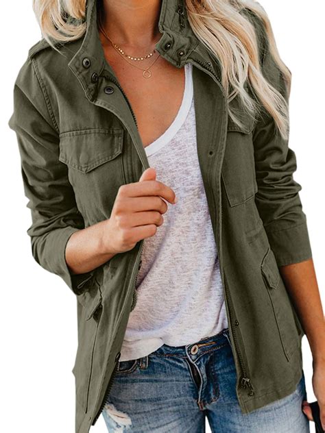 Frontwalk Women Military Jacket Zip Up Lightweight Utility Jackets Fall ...
