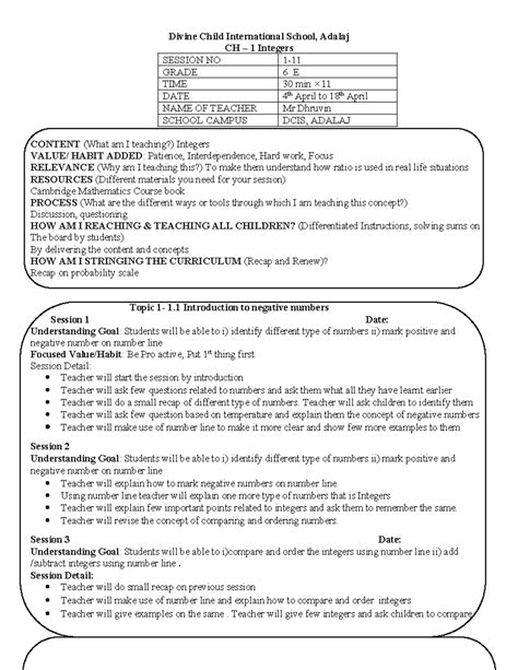 Divine Child International School G6 Math CH 1: Integers Sessions ...