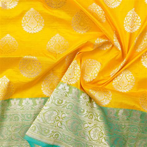 Yellow Pure Katan Silk Banarasi Fabric with Border – Khinkhwab
