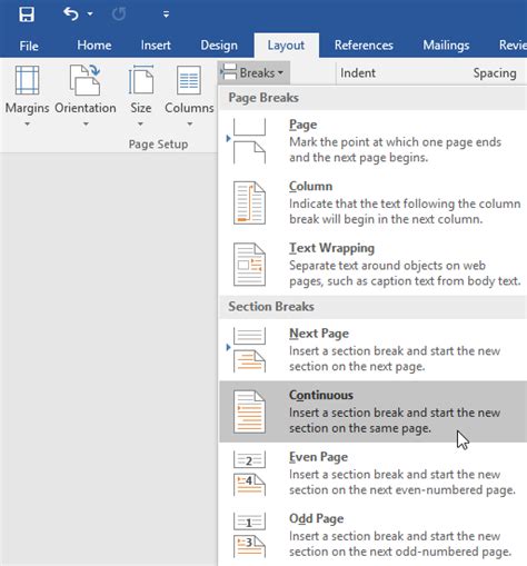 Image result for Continuous Section Break Word