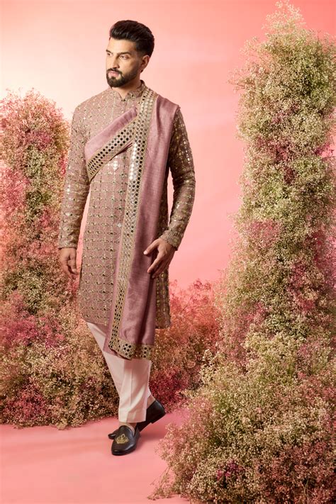 signature purple mirror work kurta with stole