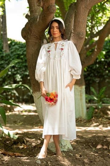 Women Cotton Embroidered Round Neck Loose Fit Dress White – Cult91
