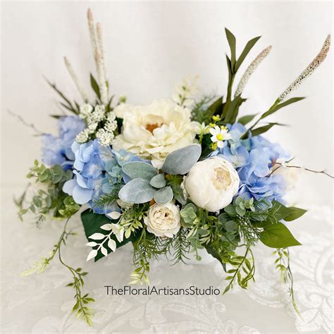 Blue Hydrangeas Floral Arrangement | Blue and Cream Floral Arrangement ...