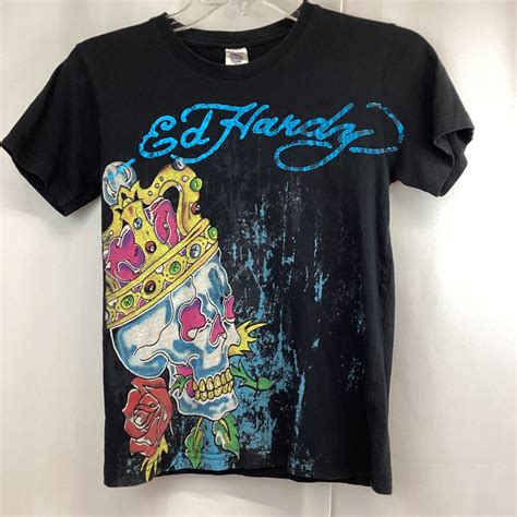 Don ED HARDY Bulldog Label Skull Rose Design T Shirt Kids Size M Made ...
