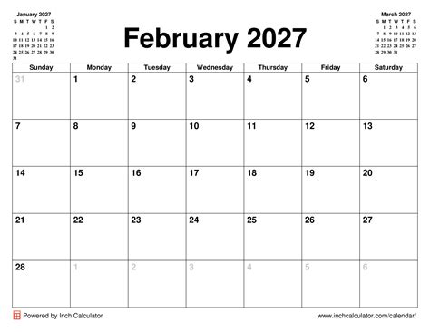 February 2027 Calendar - Inch Calculator