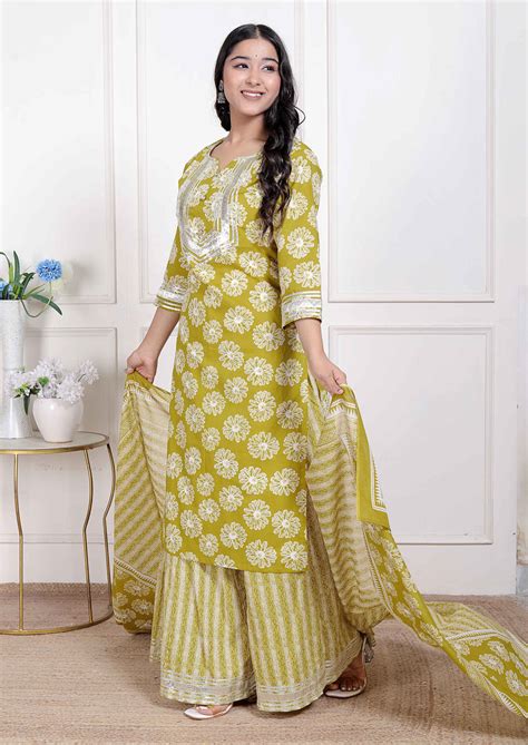Women's Lime Yellow Embroidered Straight Kurta With Palazzo And Dupatt ...