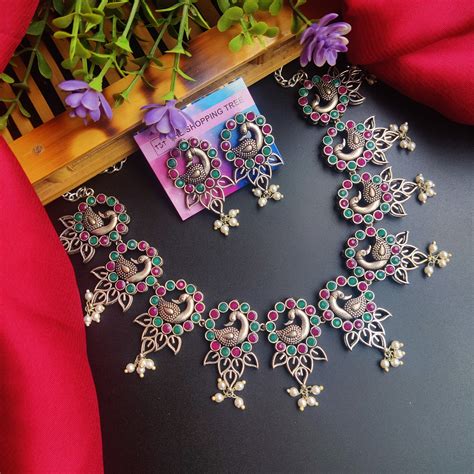 Peacock Dual Meena Brass Necklace Set with Earrings – The Shopping Tree