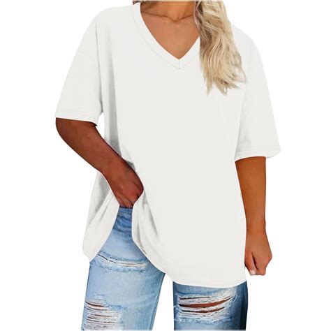 Aobny Tops Women Flowy White Plus Blouses Short Sleeve V-Neck Summer ...