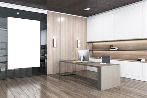 Contemporary office setup with natural wood and white wall panels ...