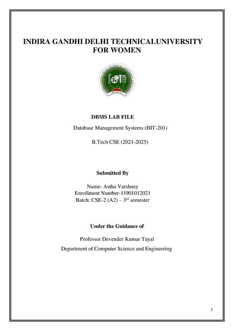 DBMS Astha Varshney - DBMS Practical File - INDIRA GANDHI DELHI ...