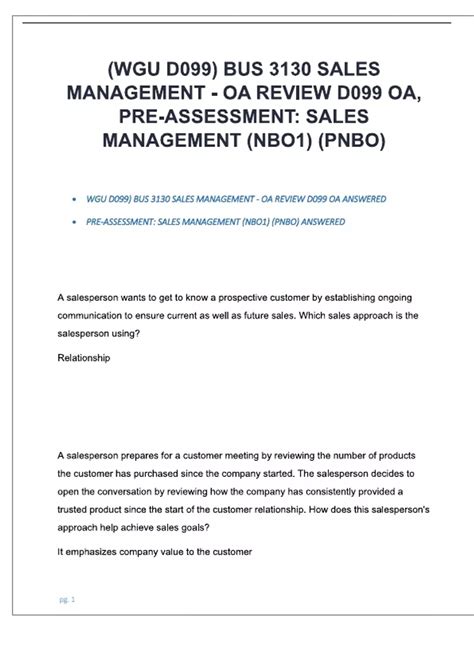 (WGU D099) BUS 3130 SALES MANAGEMENT - OA REVIEW, PRE-ASSESSMENT SALES ...