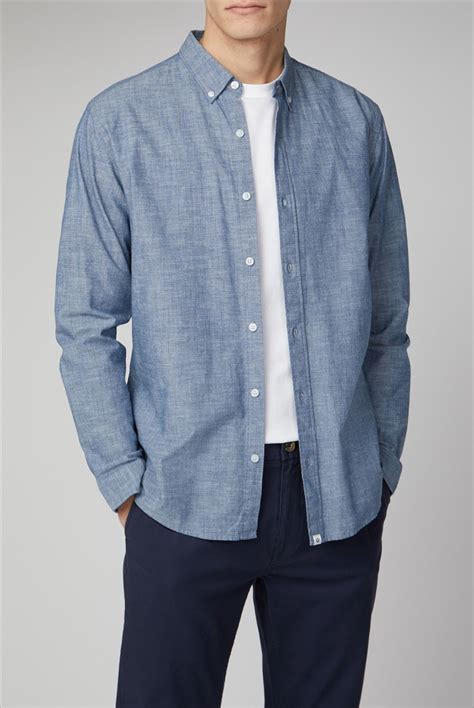Melka Raftan Blue Long Sleeve Chambray Slub Shirt | Casual shirts ...