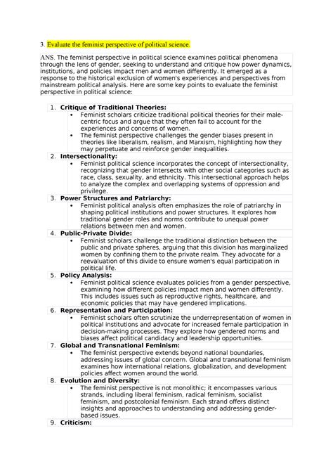 Political Science - 3. Evaluate the feminist perspective of political ...