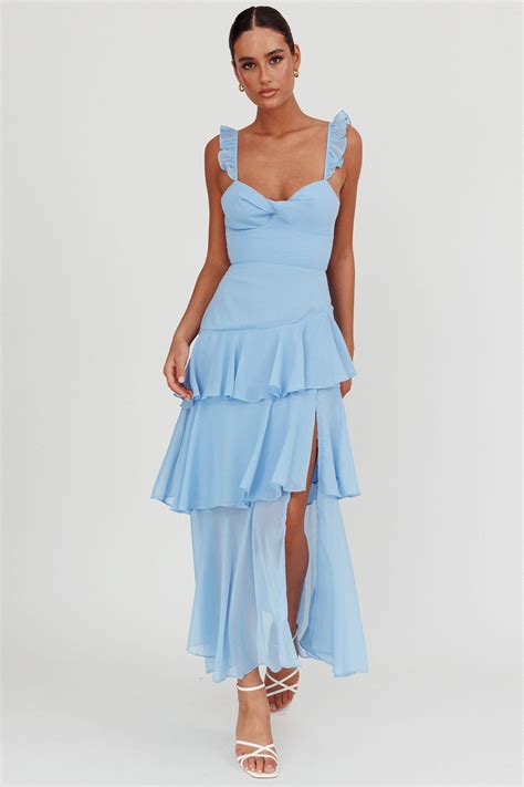 Veda Ruffle Strap Split Maxi Dress Blue - S | Split maxi dress, Maxi dress blue, Maxi dress