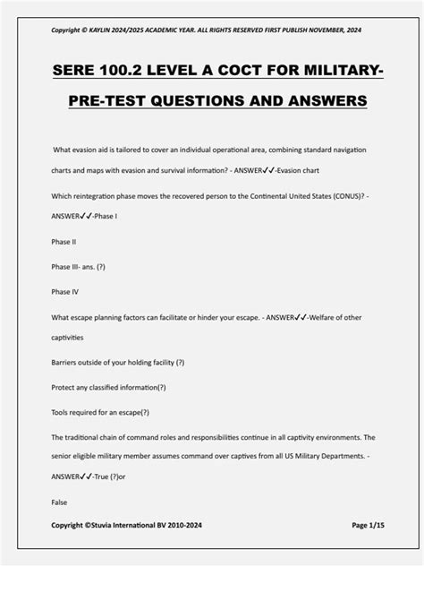 SERE 100.2 LEVEL A COCT FOR MILITARY- PRE-TEST QUESTIONS AND ANSWERS ...