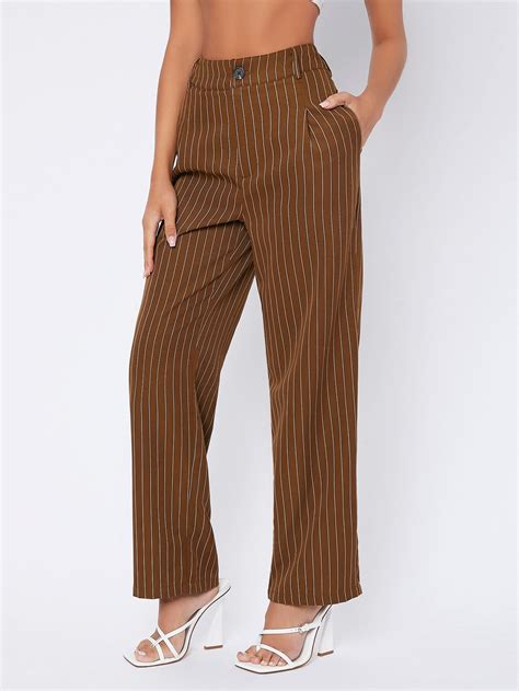 SHEIN PETITE Striped Slant Pocket Tailored Pants | Dark brown pants ...