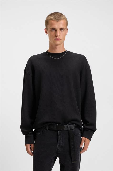 HUGO - Cotton-blend T-shirt with waffle structure - Black