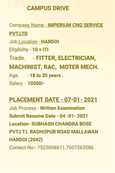 ITI Job Campus Drive in Subhash Chandra Bose Private ITI Hardoi, Uttar ...