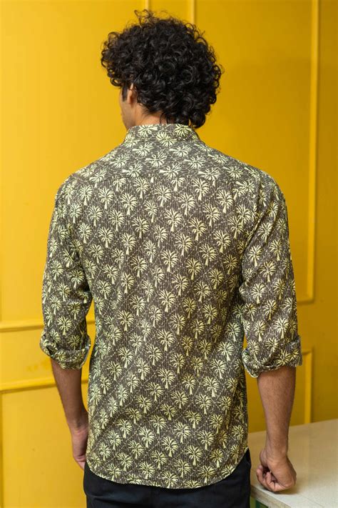 The Grey Palm Tree Printed Shirt For Men With Thread Work – Shasak