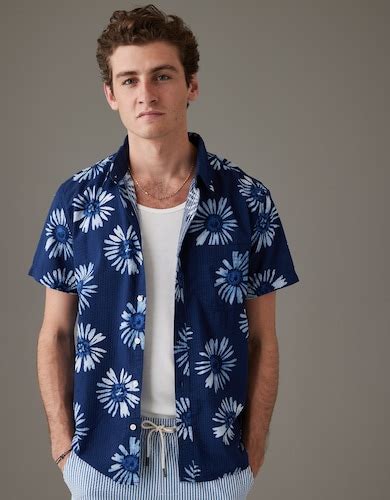 Buy American Eagle Men Navy Tropical Button-Up Resort Shirt Online