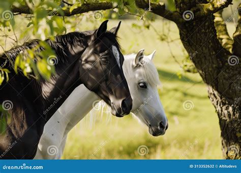 Two Horses, One Black and One White, Side by Side Under a Tree Stock ...