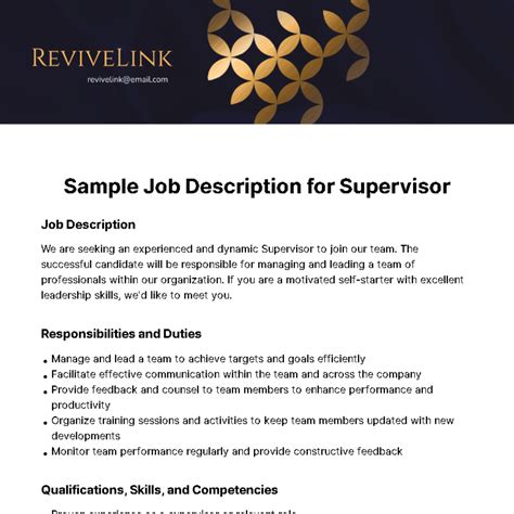 Free Sample Job Description for Supervisor Template to Edit Online