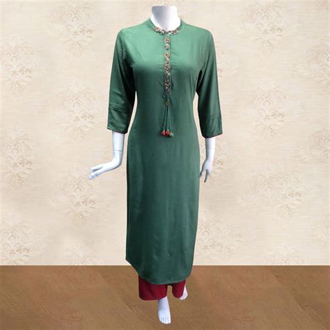 Staring Green Colored Partywear Floral Handwork Cotton Kurti-Palazzo Set