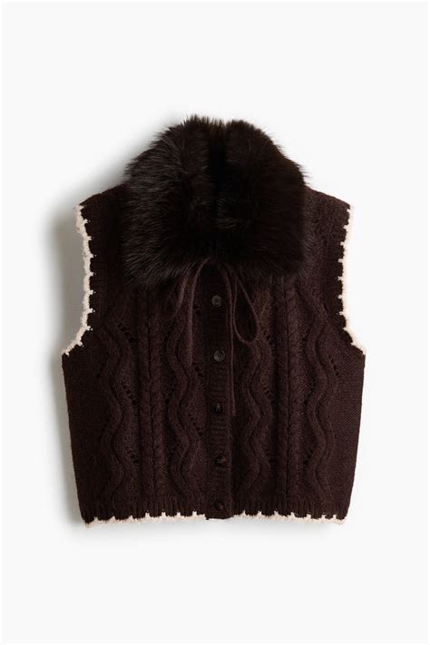 Cable-knit collared waistcoat - Dark brown - Ladies | H&M IN