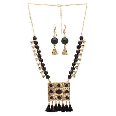 Buy ZIKU JEWELRY Tribal Square Pendant Faux Black Pearl Thread Work Non ...