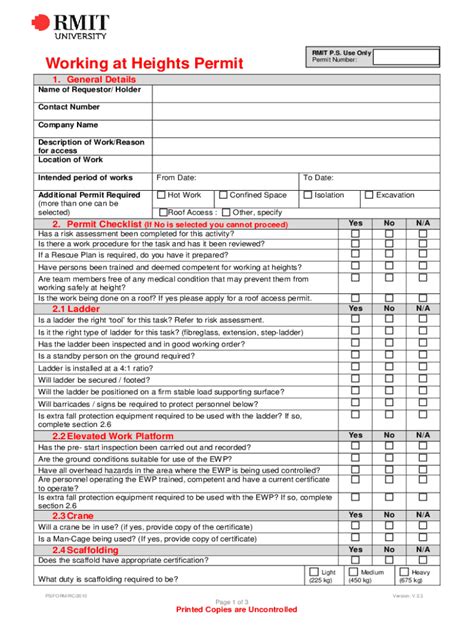 Fillable Online RMIT P.S. Use Only Working at Heights Permit Fax Email ...