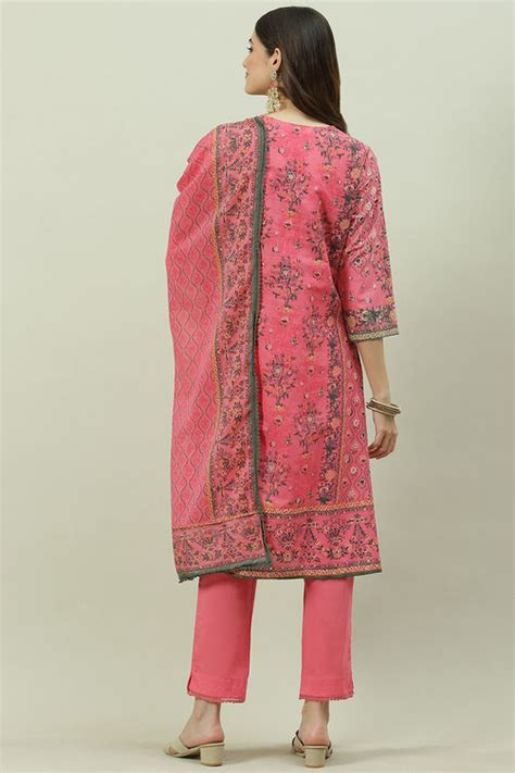 Pink Cotton Straight Kurta Pant Suit Set
