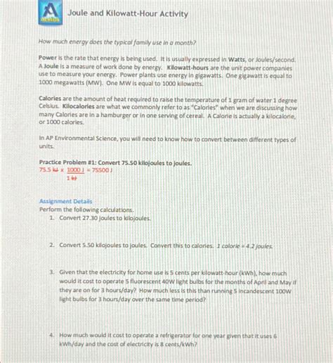 Solved Joule and Kilowatt-Hour ActivityHow much energy does | Chegg.com