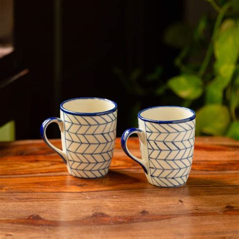 ExclusiveLane 'Indigo Chevron' Handpainted Ceramic Tea Mugs & Ceramic ...