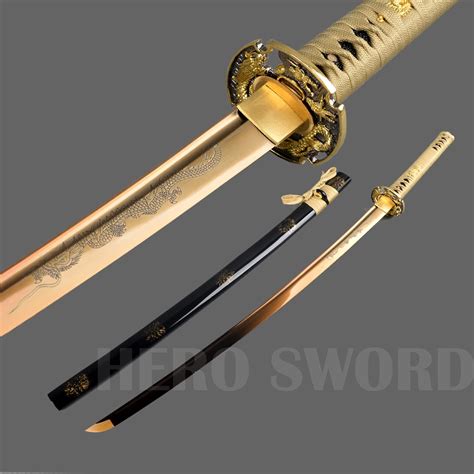 Handmade Gold Blade Japanese Samurai Sword Hand Etching Engrave Gold ...