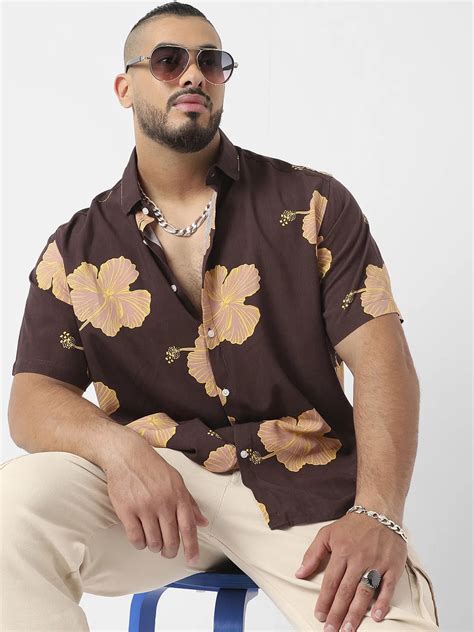 Plus Size Brown Hibiscus Print Shirt (3XL - 6XL) | Instafab Plus