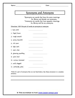 Fillable Online Synonyms and Antonyms Understanding The Mean of Words ...