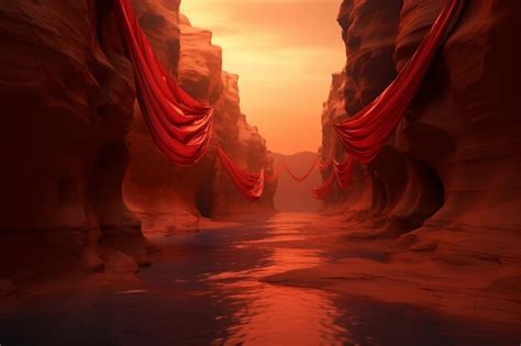 A red ribbon flowing like a river through a desert canyon at sunset ...
