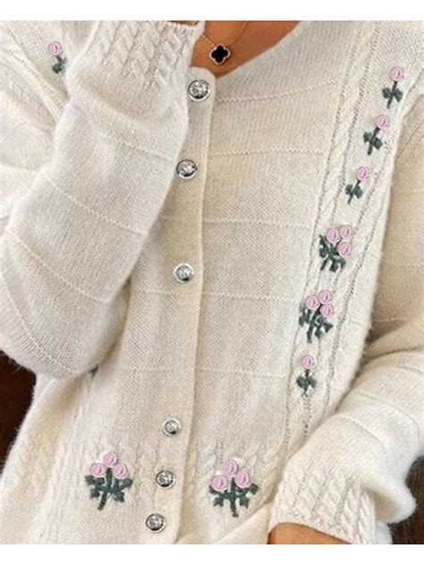 Women's Sweater Cardigan Crew Neck Cable Knit Embroidered Buttons ...