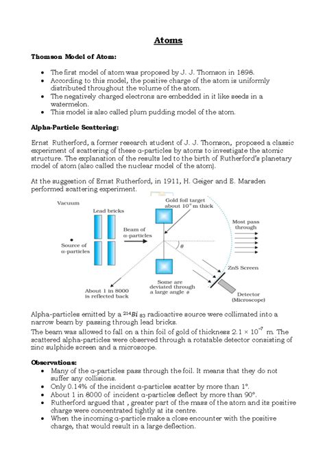 Atoms - Class 12: Thomson and Bohr Models of the Atom Explained - Studocu