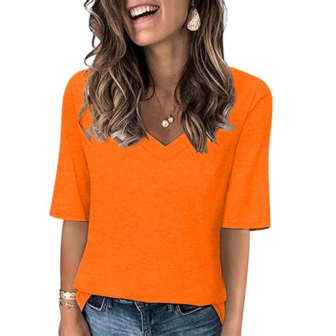 ALLLIST Womens Tops Summer Elbow-Length V Neck T-Shirts Trendy Solid ...