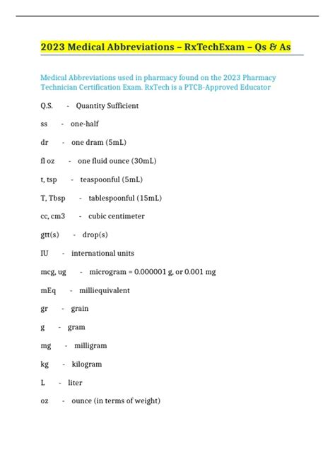 2023 Medical Abbreviations – RxTechExam – Qs & As - PTC - Stuvia US