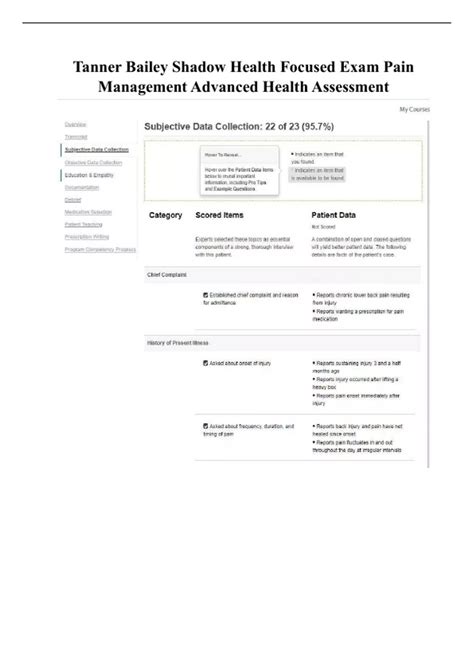 Tanner Bailey Shadow Health Focused Exam Pain Management Advanced ...