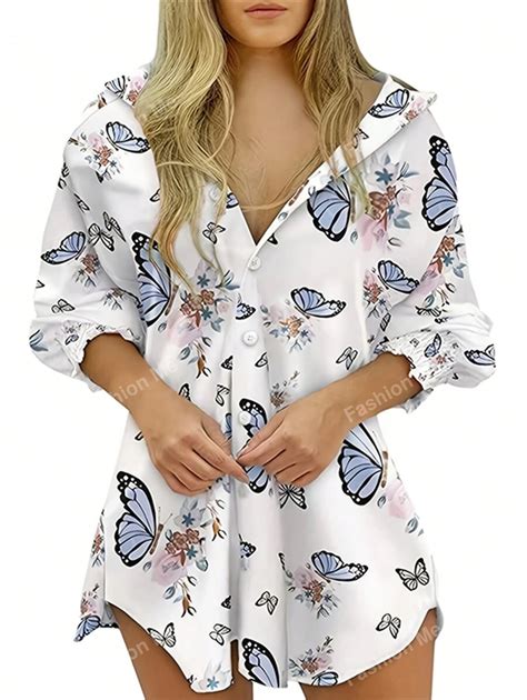 Women's Butterfly Print Single-Breasted Long-Sleeved Shirt Dress,Long ...
