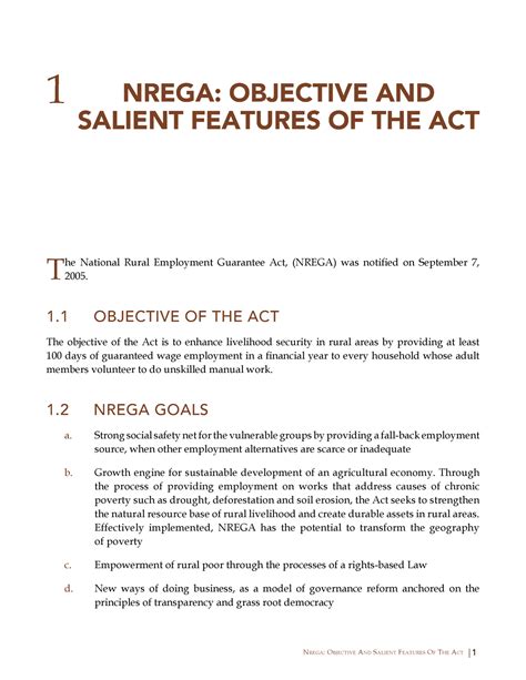 Mnrega- Features - 1 NREGA: OBJECTIVE AND SALIENT FEATURES OF THE ACT T ...